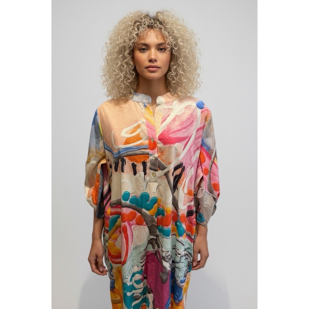 NEW Claire Desjardins Shirt Dress M Art Watercolor Abstract Bamboo Art Happy Day